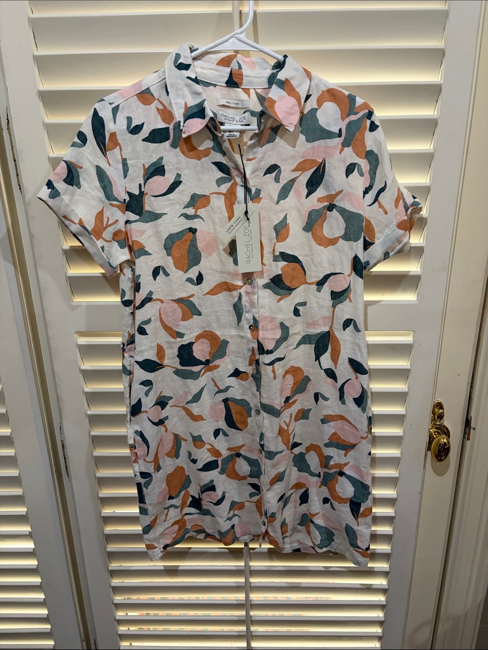 Rachel Zoe Short-Sleeve Linen  Dress in White ,Coral, Blush and Teal .Small